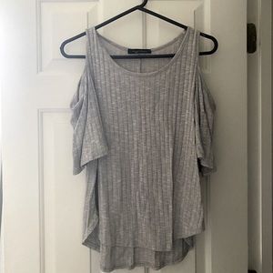 grey off the shoulder shirt